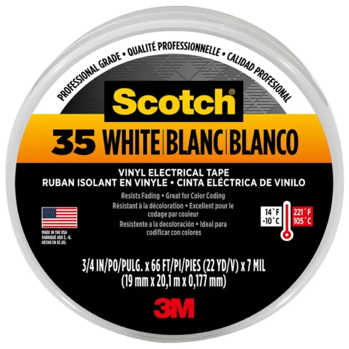 3M 10828 Scotch 35 Vinyl Electrical Tape White, 0.75 in x 66 ft - Image 1