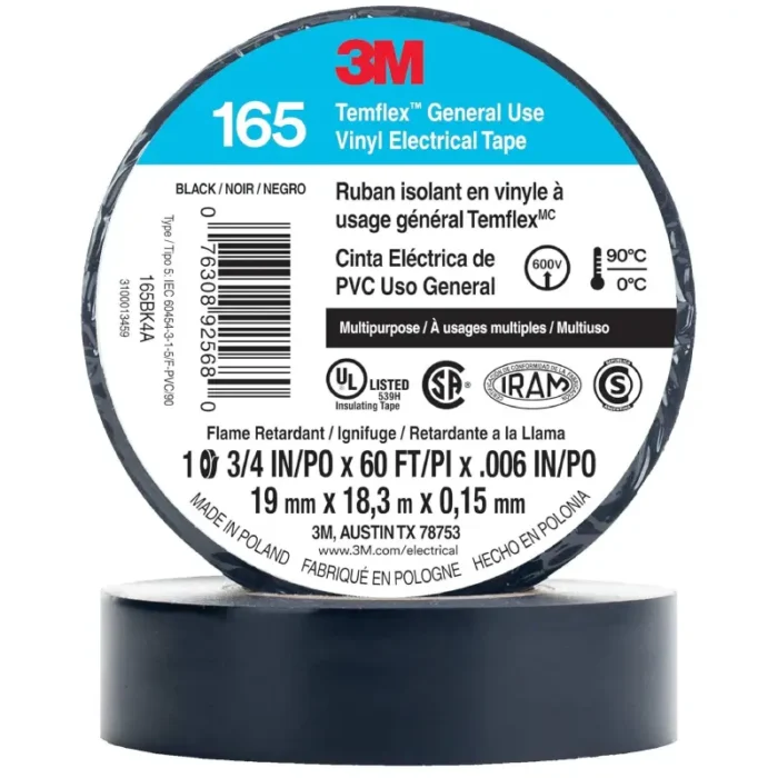 3M TEMFLEX-3/4X60CP10 Temflex Vinyl Electrical Tape 165, Black - 3/4 in x 60 ft - Image 1