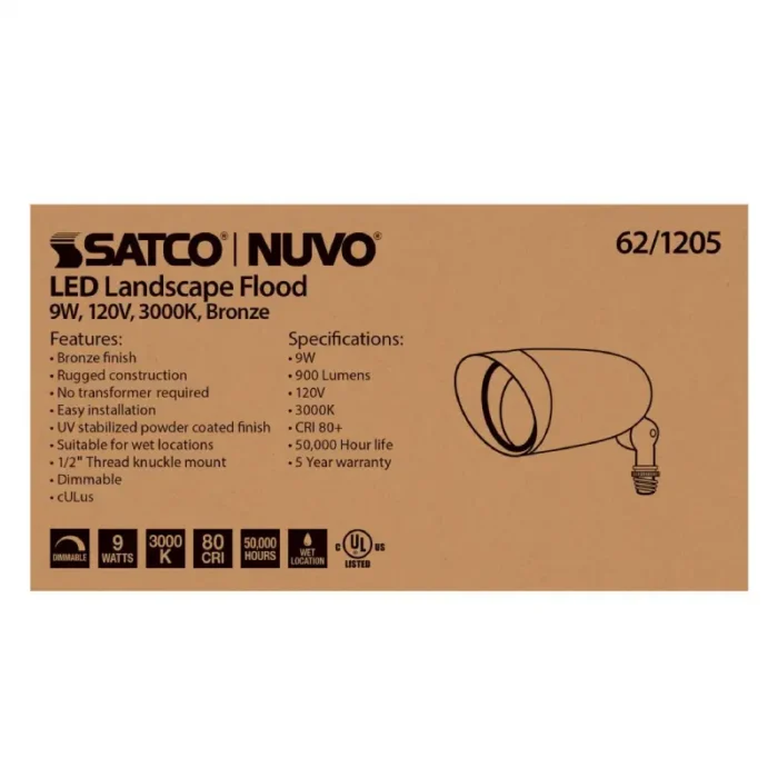 Satco 62-1205 LED Landscape Flood 9W - 3000K - Bronze Finish - 120V - Image 1