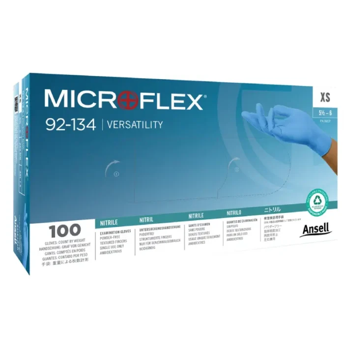 Ansell 92-134 MICROFLEX Disposable Nitrile Exam Gloves – Soft, Powder-Free - Size 8 - M - Box of 100 - Image 1