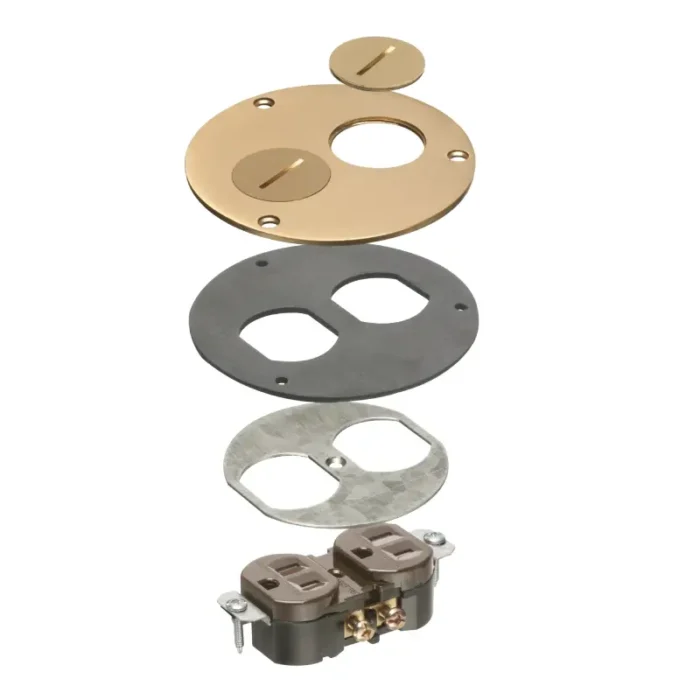 Arlington FLB3520MBTK Round Metal Cover with Threaded Plugs, Gaskets, Receptacle - Brass - Image 1