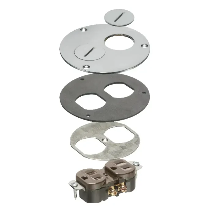 Arlington FLB3520NLTK Round Metal Cover with Threaded Plugs, Gaskets, Receptacle - Nickel - Image 1