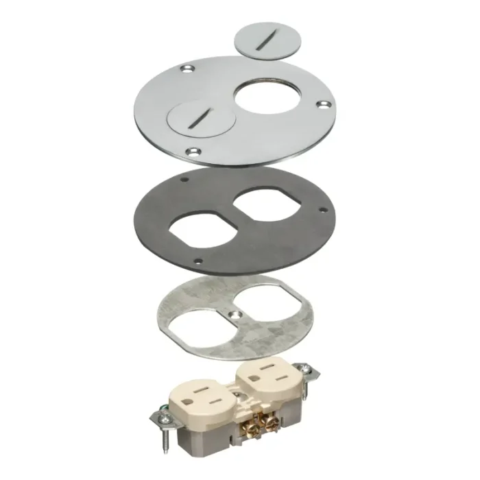Arlington FLB3520NLTK Round Metal Cover with Threaded Plugs, Gaskets, Receptacle - Nickel - Image 2