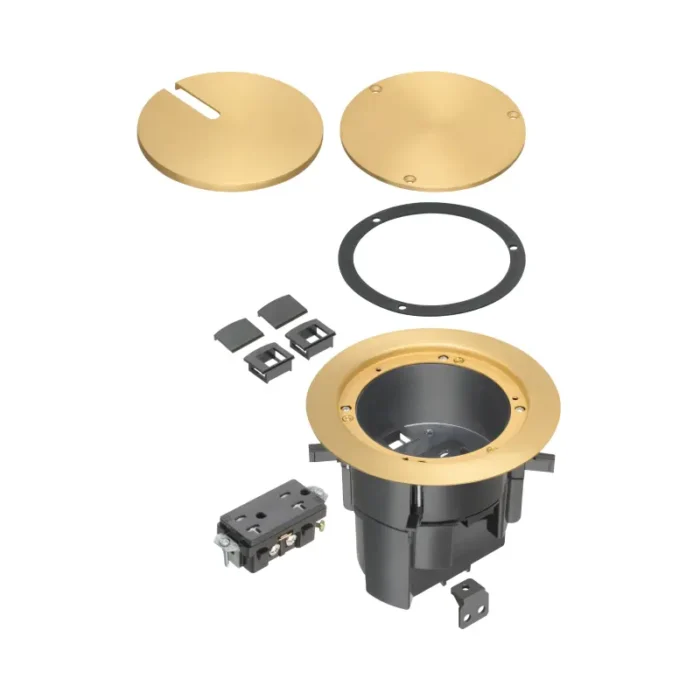Arlington FLBR5420MBGC TWO low Voltage Openings with Built-in divider In Box Floor Box Kit With Grounding Clip, Brass - Image 1