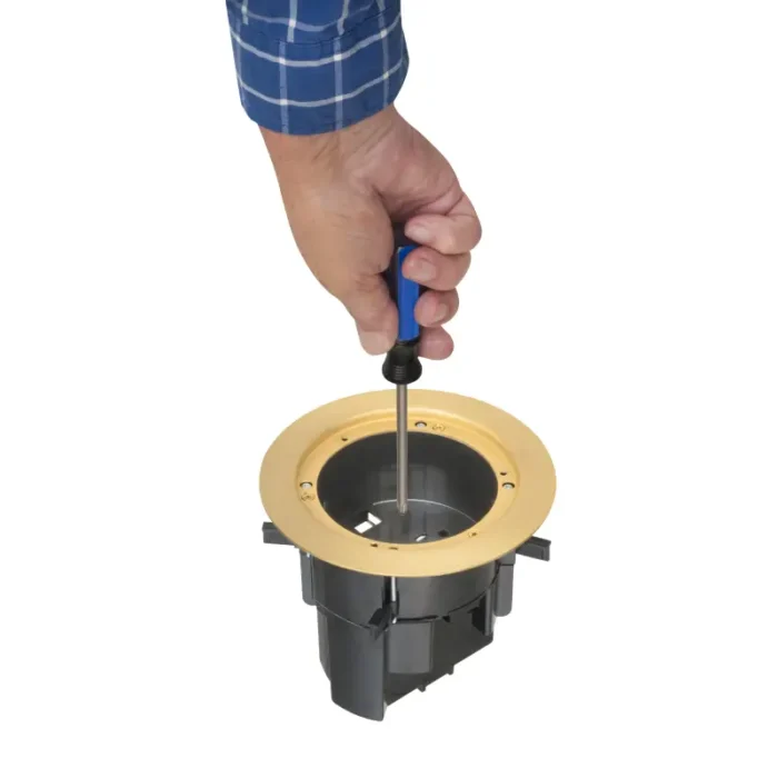 Arlington FLBR5420MBGC TWO low Voltage Openings with Built-in divider In Box Floor Box Kit With Grounding Clip, Brass - Image 3