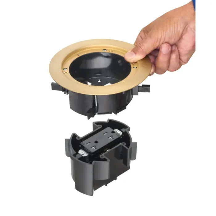 Arlington FLBR5420MBGC TWO low Voltage Openings with Built-in divider In Box Floor Box Kit With Grounding Clip, Brass - Image 4