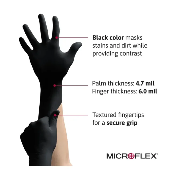 Ansell MK-296 Microflex Black Nitrile Disposable Exam Gloves, Powder-Free - Size 8 - M - Box of 100 - Image 3