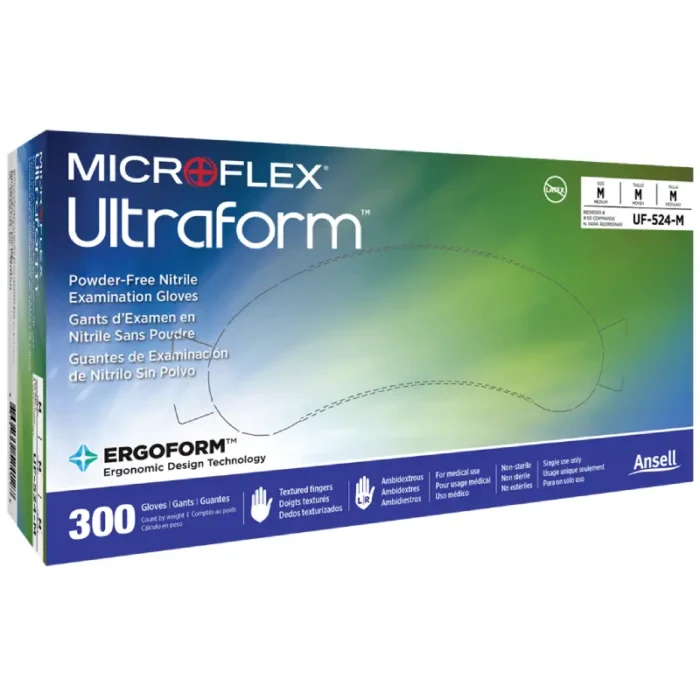 Ansell UF-524 Microflex Ultraform Nitrile Disposable Exam Gloves, Ergoform Ergonomic - Size 7.5 - SM - Box of 300 - Image 1