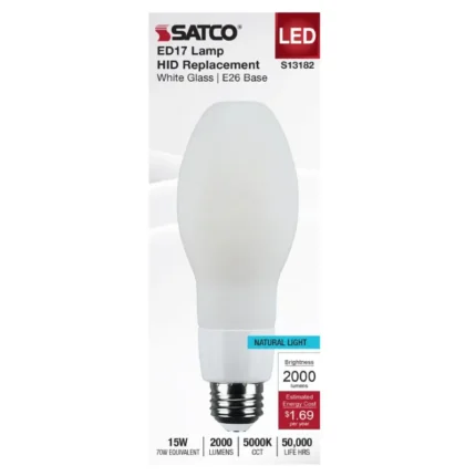 Satco S13182 - 15 Watt LED HID Replacement; ED17; 5000K; Medium Base; White; 120-277 Range Voltage