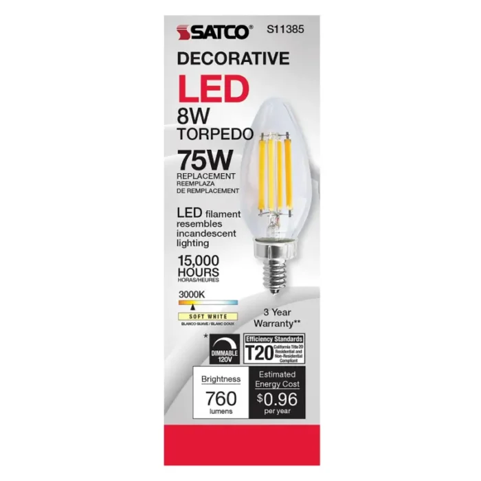 Satco S11385 8 Watt C11 LED; Clear; Candelabra base; 3000K; 90 CRI; 760 Lumens; 120 Volt - Image 1