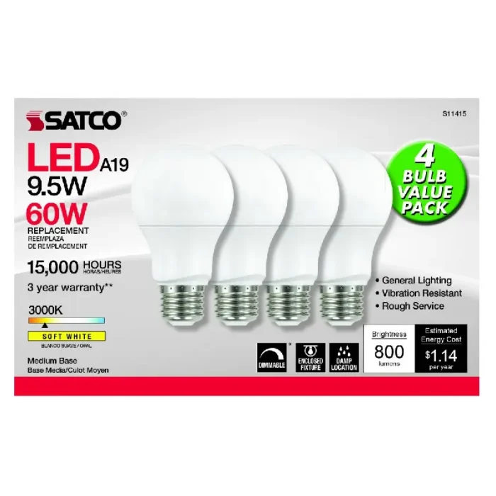 Satco S11415 9.5 Watt A19 LED; 3000K; Dimmable; Medium base; 230 deg. Beam Angle; 4-pack - Image 3
