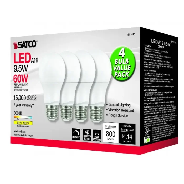 Satco S11415 9.5 Watt A19 LED; 3000K; Dimmable; Medium base; 230 deg. Beam Angle; 4-pack - Image 4