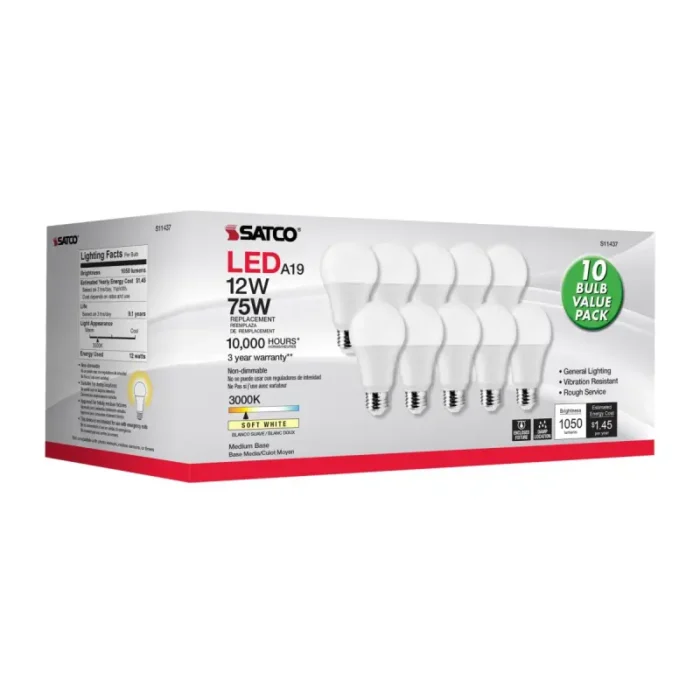 Satco S11437 - 12 Watt A19 LED; 3000K; 75 Watt Replacement; Medium base; 220 deg. Beam Angle; 10-Pack - Image 1