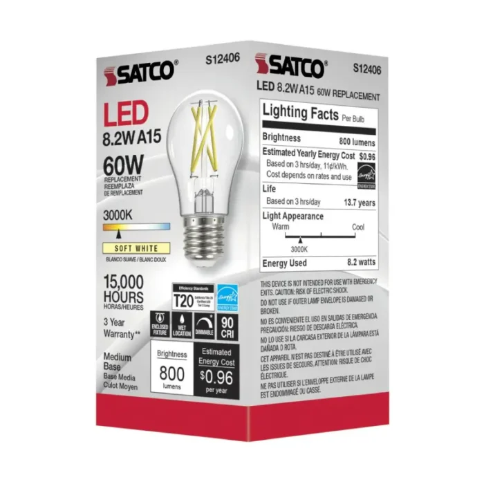 Satco S12406 - 8.2 Watt LED A15; Clear; Medium Base; 3000K; 90 CRI; 120 Volt - Image 1