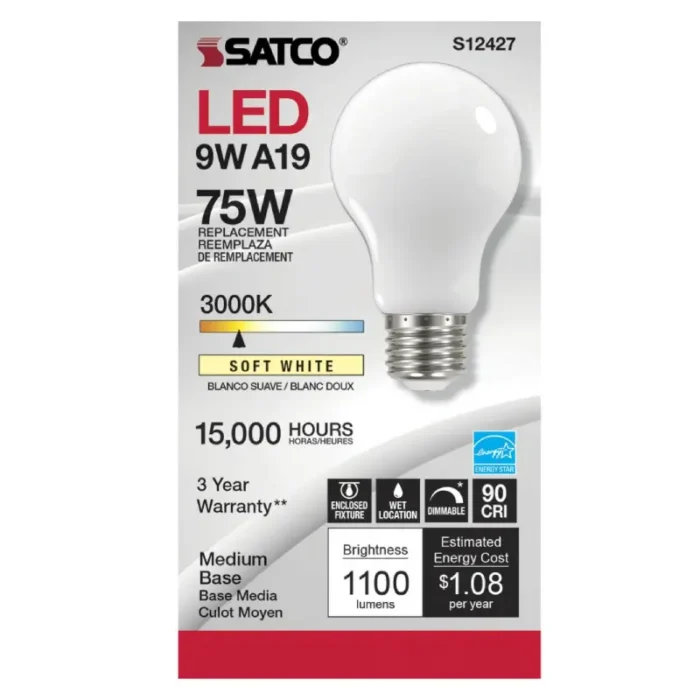 Satco S12427 - 11 Watt LED A19; Soft White; Medium Base; 3000K; 90 CRI; 120 Volt - Image 1