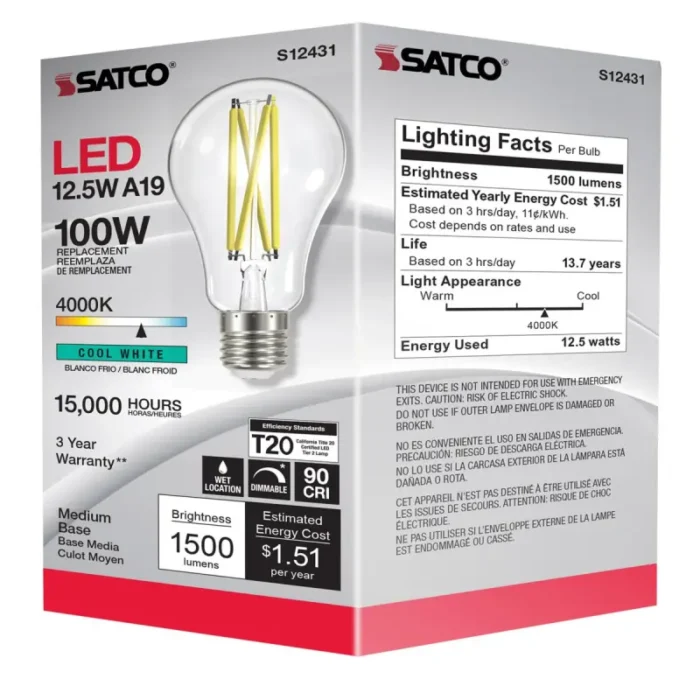 Satco S12431 - 12.5 Watt LED A19; Clear; Medium Base; 4000K; 90 CRI; 120 Volt - Image 1