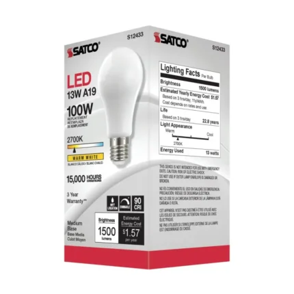 Satco S12433 - 13.5 Watt LED A19; Soft White; Medium Base; 2700K; 90 CRI; 120 Volt