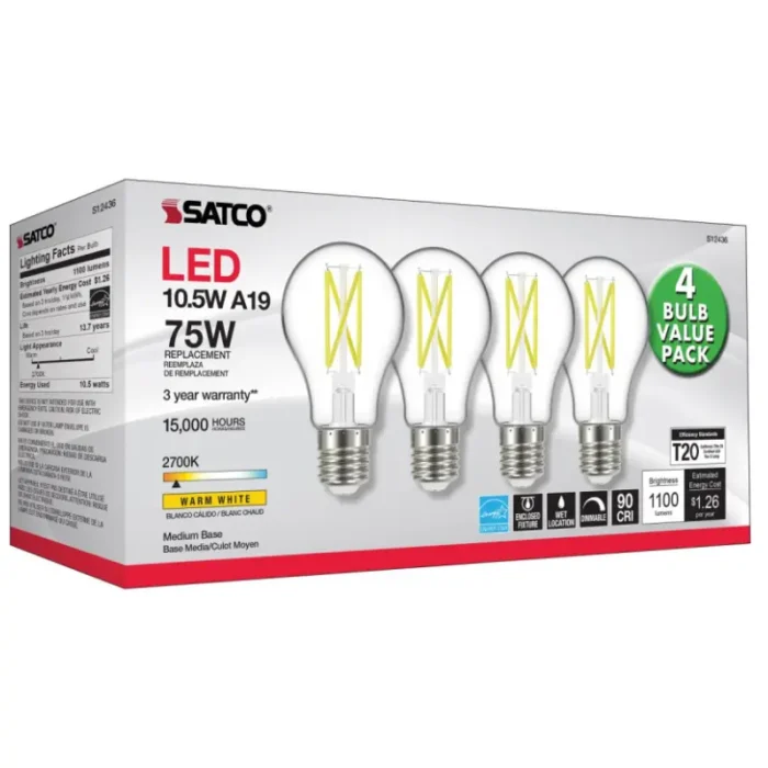 Satco S12436 - 10.5 Watt A19 LED; 75 Watt Replacement; Clear; Medium base; 2700K; 120 Volt; 4-Pack - Image 1