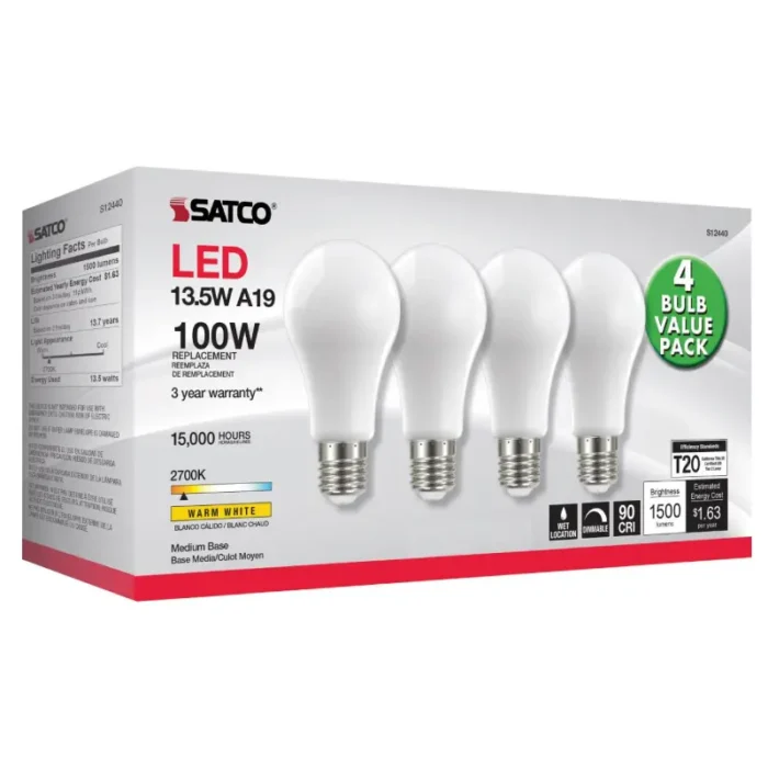 Satco S12440 13.5 Watt A19 LED; 100 Watt Replacement; Soft White; Medium base; 2700K; 120 Volt; 4-Pack - Image 1