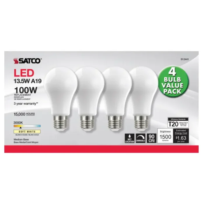 Satco S12441 13.5 Watt A19 LED; 100 Watt Replacement; Soft White; Medium base; 3000K; 120 Volt; 4-Pack - Image 1