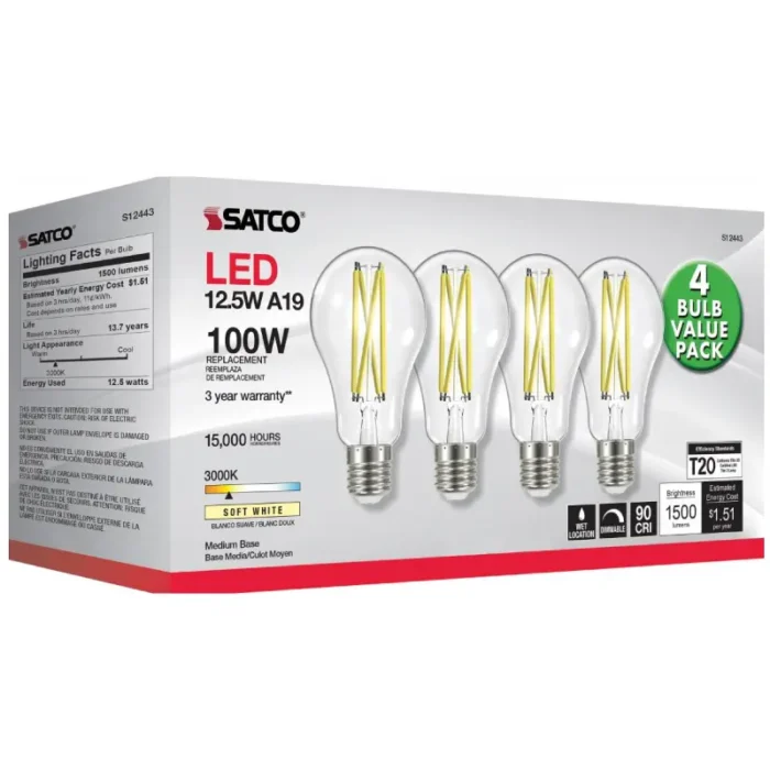 Satco S12443 12.5 Watt A19 LED; 100 Watt Replacement; Clear; Medium base; 3000K; 120 Volt; 4-Pack - Image 1