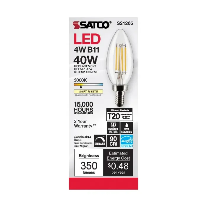 Satco S21265 4 Watt B11 LED; Clear; Candelabra base; 90 CRI; 3000K; 120 Volt - Image 1