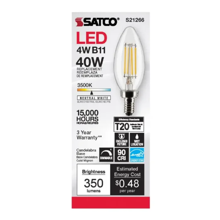 Satco S21266 4 Watt B11 LED; Clear; Candelabra base; 90 CRI; 3500K; 120 Volt - Image 1
