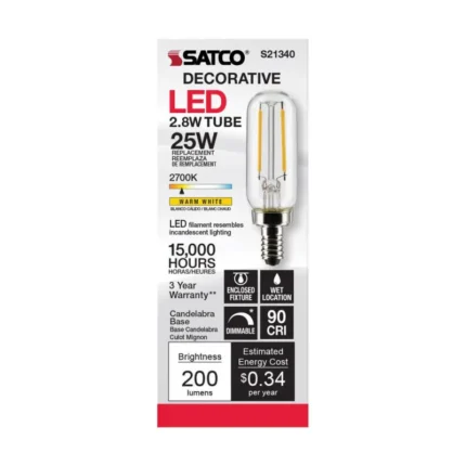 Satco S21340 - 2.8 Watt T6 LED; Clear; Candelabra base; 90 CRI; 2700K; 120 Volt
