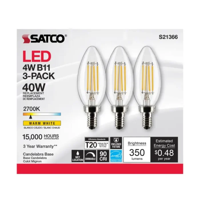 Satco S21366 4 Watt B11 LED; Clear; Candelabra base; 90 CRI; 2700K; 120 Volt; 3-Pack - Image 1