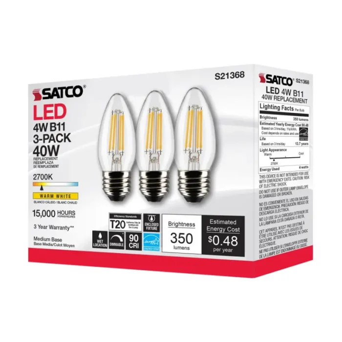 Satco S21368 - 4 Watt B11 LED; Clear; Medium base; 90 CRI; 2700K; 120 Volt; 3-Pack - Image 1
