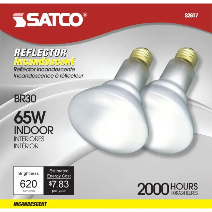 Satco S2817 - 65 Watt BR30 Incandescent; Frost; 2000 Average rated hours; 620 Lumens; Medium base; 120 Volt; 2/Pack - Image 1
