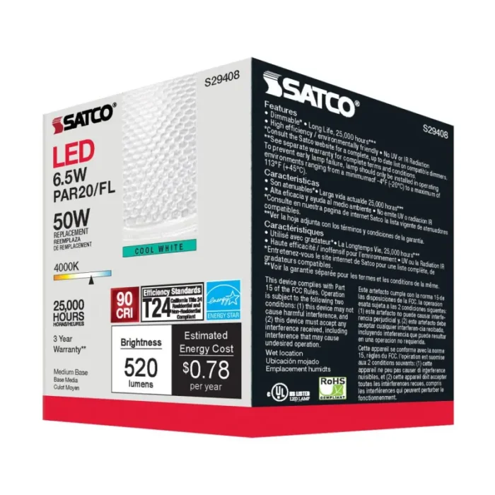 Satco S29408 - 6.5 Watt; PAR20 LED; 4000K; 40 deg. Beam Angle; Medium base; 120 Volt - Image 1