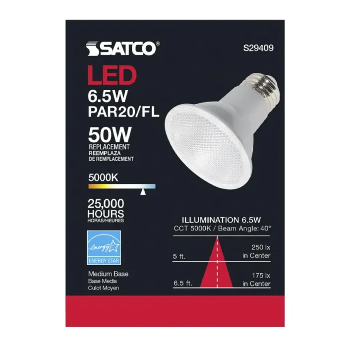 Satco S29409 - 6.5 Watt; PAR20 LED; 5000K; 40 deg. Beam Angle; Medium base; 120 Volt - Image 1