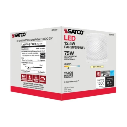 Satco S29411 - 12.5 Watt; PAR30SN LED; 3000K; 25 deg. Beam Angle; Medium base; 120 Volt