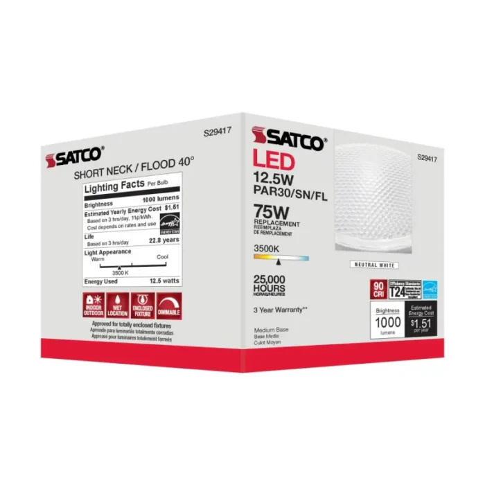 Satco S29417 - 12.5 Watt; PAR30SN LED; 3500K; 40 deg. Beam Angle; Medium base; 120 Volt - Image 1