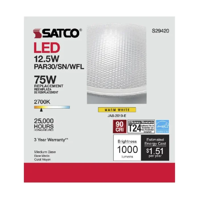 Satco S29420 12.5 Watt; PAR30SN LED; 2700K; 60 deg. Beam Angle; Medium base; 120 Volt - Image 1