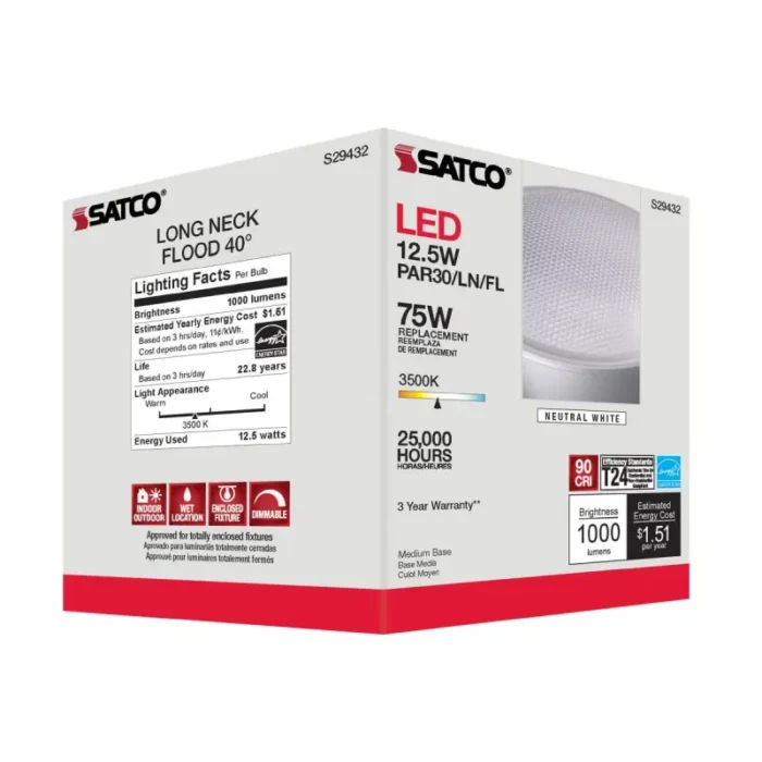 Satco S29432 - 12.5 Watt; PAR30LN LED; 3500K; 40 deg. Beam Angle; Medium base; 120 Volt - Image 1