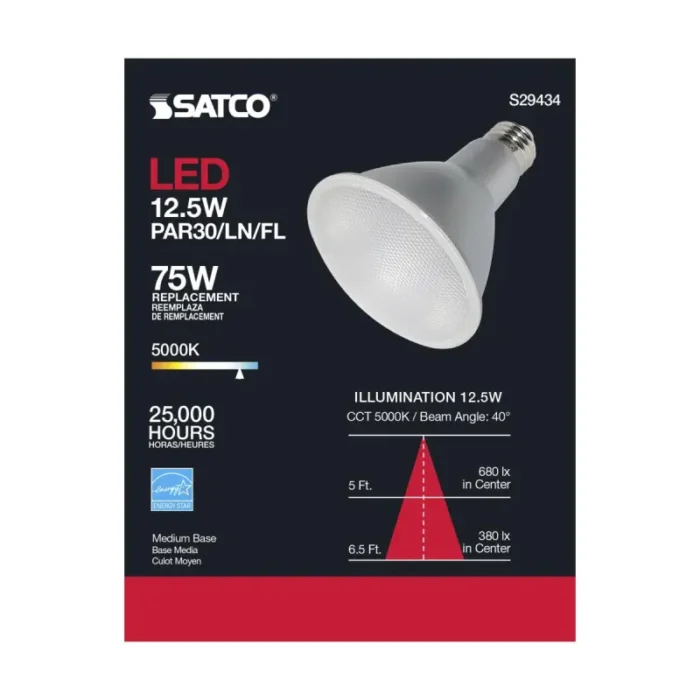 Satco S29434 - 12.5 Watt; PAR30LN LED; 5000K; 40 deg. Beam Angle; Medium base; 120 Volt - Image 1