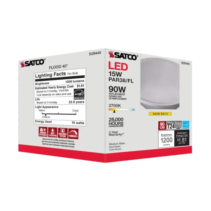 Satco S29445 - 15 Watt; PAR38 LED; 2700K; 40 deg. Beam Angle; Medium base; 120 Volt - Image 1
