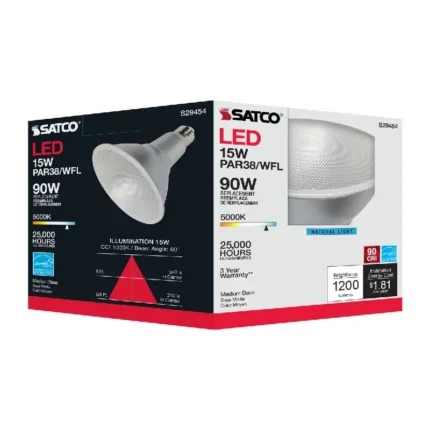 Satco S29454 15 Watt; PAR38 LED; 5000K; 60 deg. Beam Angle; Medium base; 120 Volt