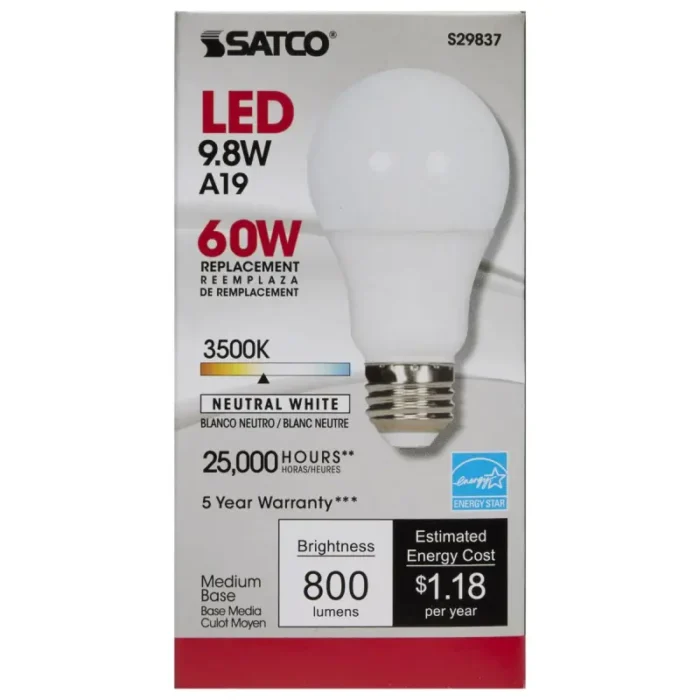 Satco S29837 - 9.8 Watt; A19 LED; 3500K; Medium base; 220 deg. Beam Angle; 120 Volt - Image 1