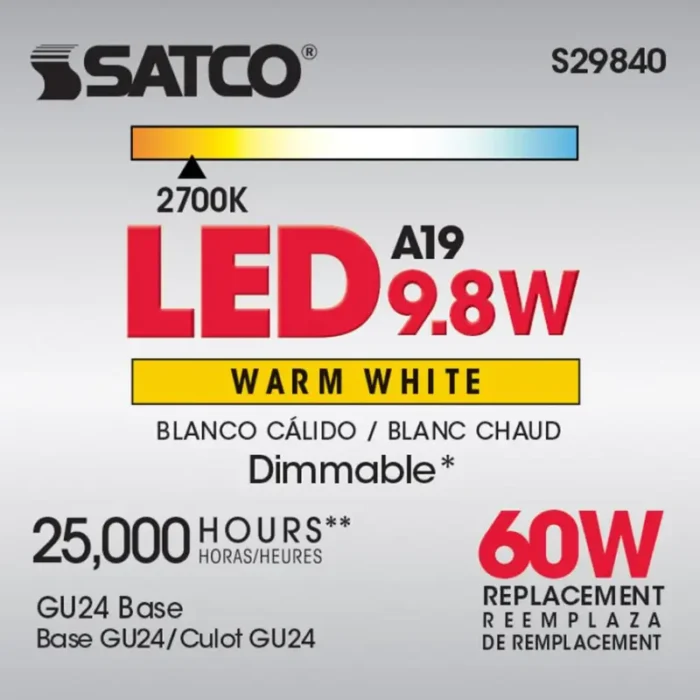 Satco S29840 9.8 Watt; A19 LED; 2700K; GU24 base; 220 deg. Beam Angle; 120 Volt - Image 4