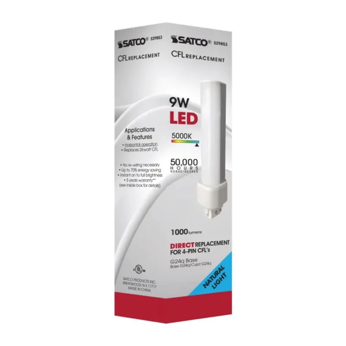 Satco S29853 - 9 Watt LED PL 4-Pin; 5000K; 1100 Lumens; G24q base; 50000 Average rated hours; 120 Deg. Beam Angle; Type A; Ballast dependent - Image 1