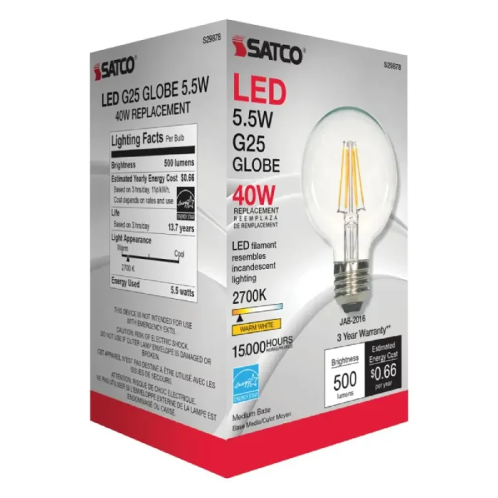 Satco S29878 - 5.5 Watt G25 LED; Clear; Medium base; 2700K; 500 Lumens; 120 Volt - Image 1