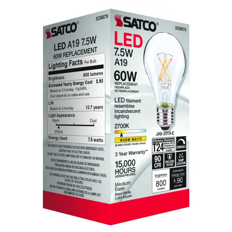 S29879 Satco S29879 - 8 Watt A19 LED; Clear; Medium base; 2700K; 800 Lumens; 120 Volt - Image 1