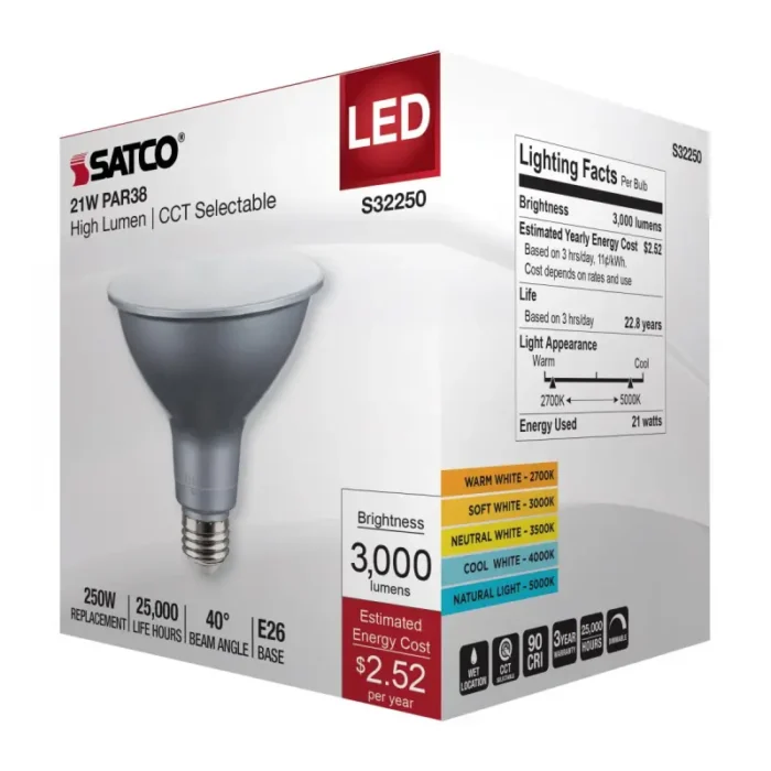 Satco S32250 - 21 Watt PAR38 High Lumen LED; 27K/30K/35K/40K/50K CCT Selectable; Medium Base; 120 Volt - Image 1