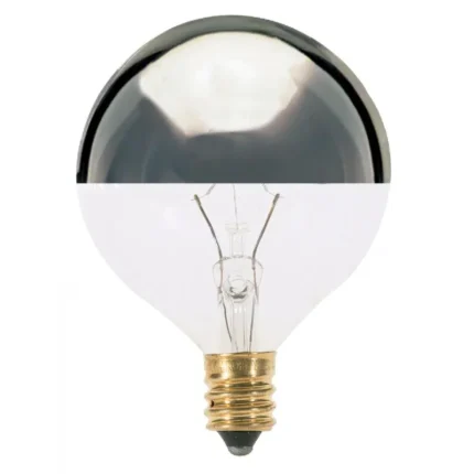 Satco S3244 25 Watt G16 1/2 Incandescent; Silver Crown; 1500 Average rated hours; 232 Lumens; Candelabra base; 120 Volt
