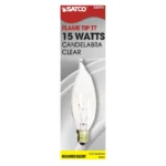 Satco S3273 15 Watt CA8 Incandescent; Clear; 1500 Average rated hours; 100 Lumens; Candelabra base; 120 Volt