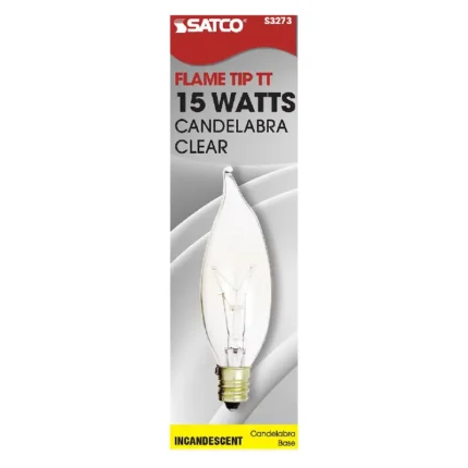 Satco S3273 15 Watt CA8 Incandescent; Clear; 1500 Average rated hours; 100 Lumens; Candelabra base; 120 Volt