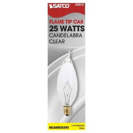 Satco S3274 25 Watt CA8 Incandescent; Clear; 1500 Average rated hours; 210 Lumens; Candelabra base; 120 Volt